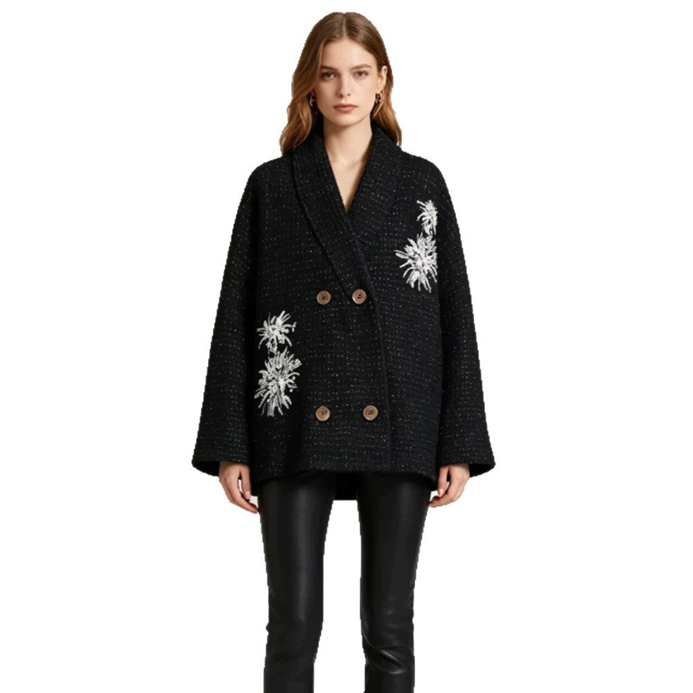 Women's Oversized Boucle Coat Jacket with Shawl Collar and Floral Embroidery Mune Fashion