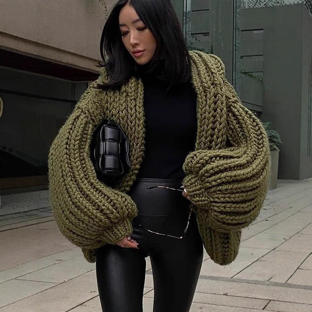 Women Oversize Chunky Knit Cardigan with Large Hood & Voluminous Sleeves Mune Fashion