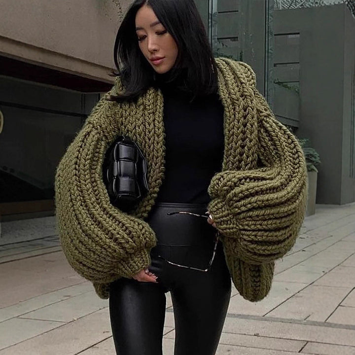 Women Oversize Chunky Knit Cardigan with Large Hood & Voluminous Sleeves Mune Fashion