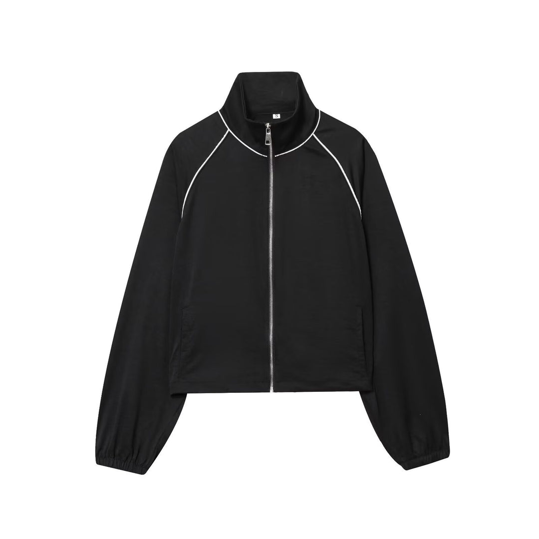 Women's Cropped Sportive Training Jacket with Stand-Up Collar and Contrast Piping Mune Fashion