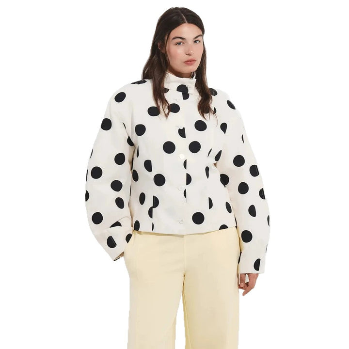 Women's Polka Dot Stand Collar Blouse with Oversized Sleeves and Boxy Cropped Silhouette Mune Fashion