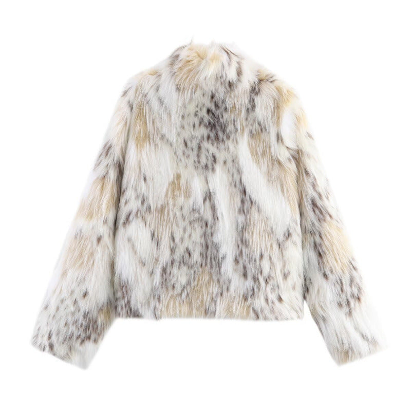 Women Short Cut Faux Fur Jacket with Stand Collar and Voluminous Faux Fur Mune Fashion