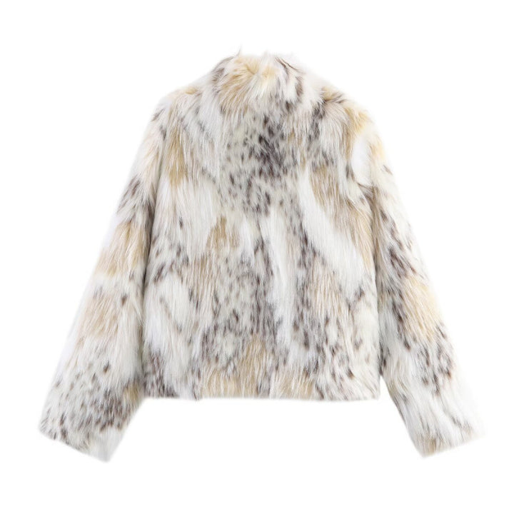 Women Short Cut Faux Fur Jacket with Stand Collar and Voluminous Faux Fur Mune Fashion