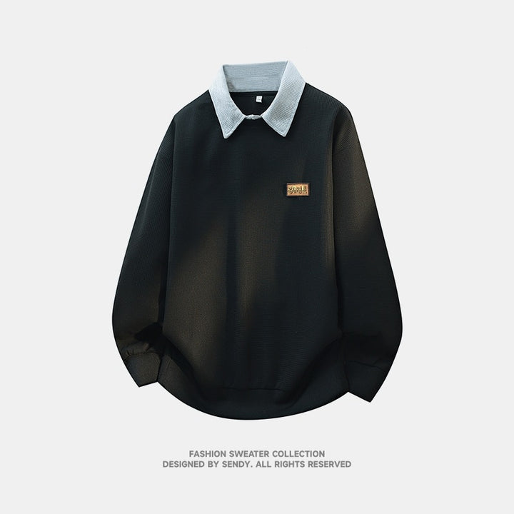 Men's Loose Fit Polo Sweatshirt with Contrast Collar and Waffle Texture Mune Fashion