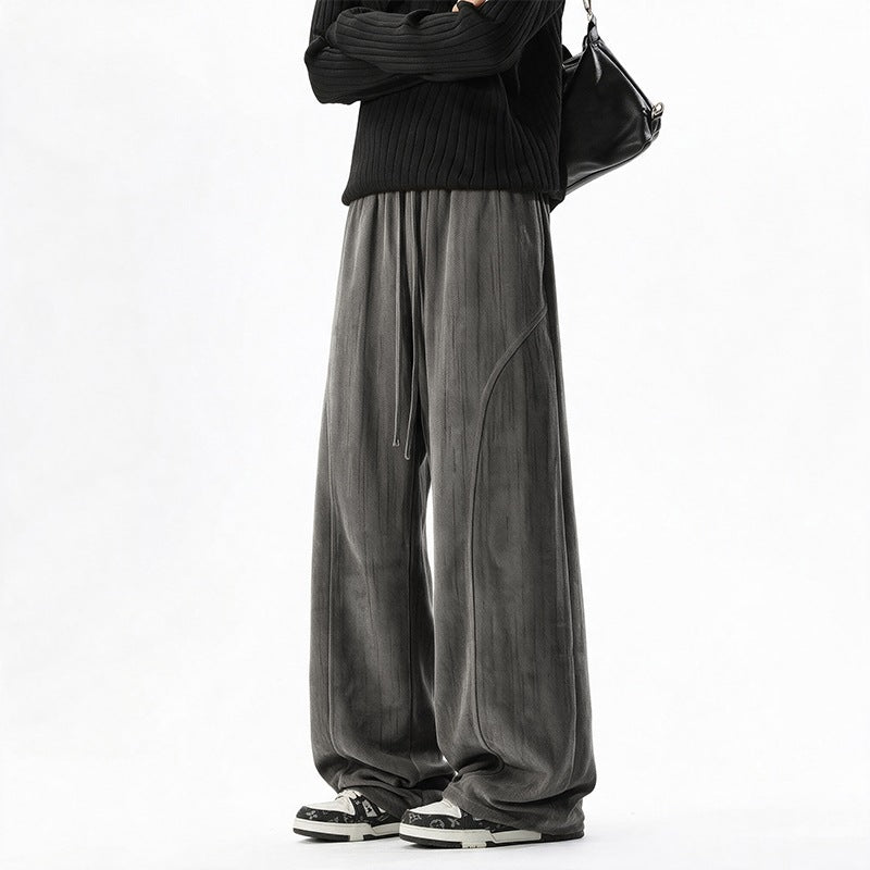 Women's Wide Velour Lounge Pants with High Elastic Waistband and Drawstring Mune Fashion