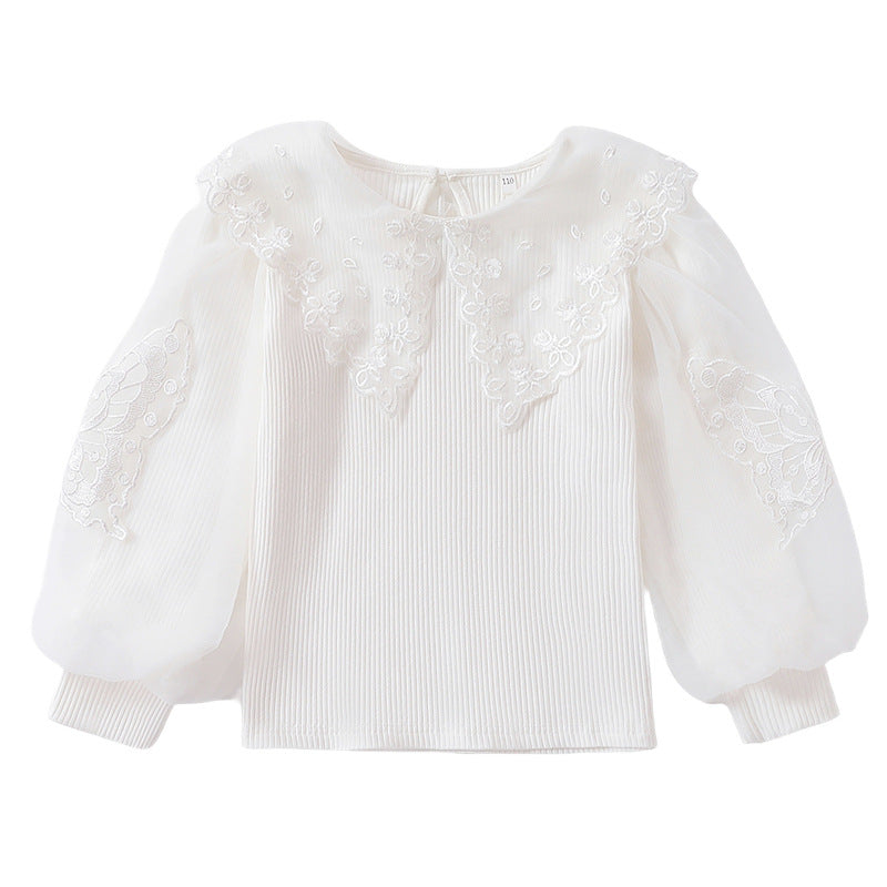 Girls blouse with airy tulle sleeves and delicate floral embroidery Mune Fashion