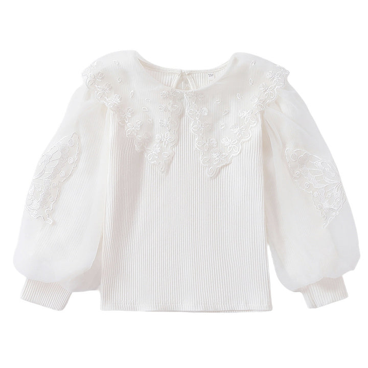 Girls blouse with airy tulle sleeves and delicate floral embroidery Mune Fashion