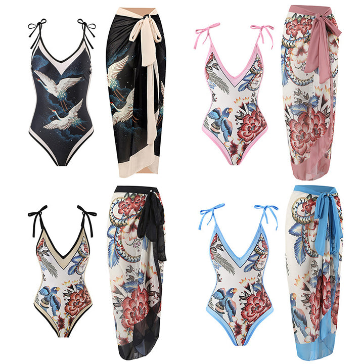 Women's One-Piece Swimsuit with Stylish Crane Design Mune Fashion