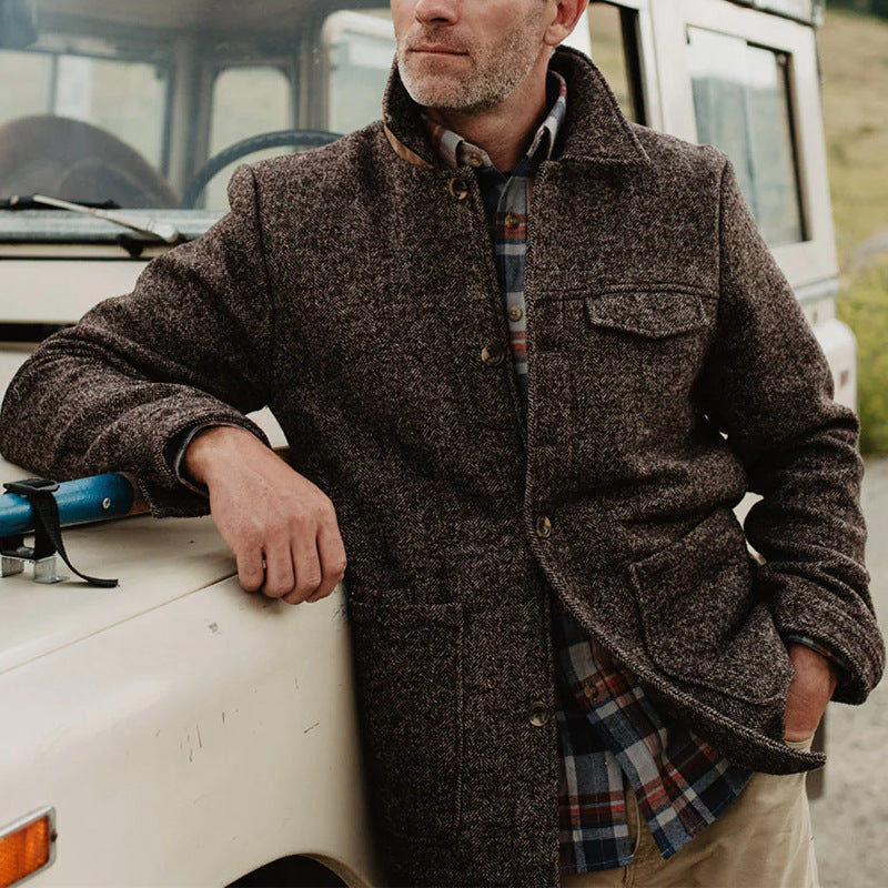 Men's Wool-Tweed Field Jacket with Stand-Up Collar and Applied Pockets Mune Fashion