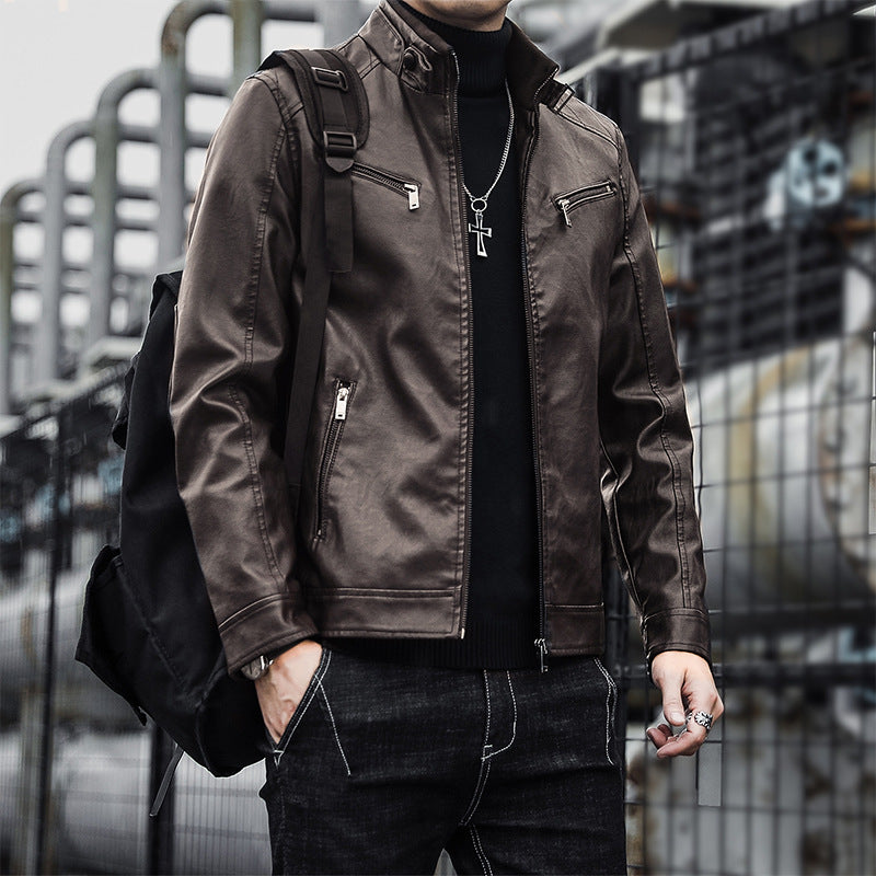 Men's faux leather moto jacket in aviator style with stand-up collar and functional zippers Mune Fashion