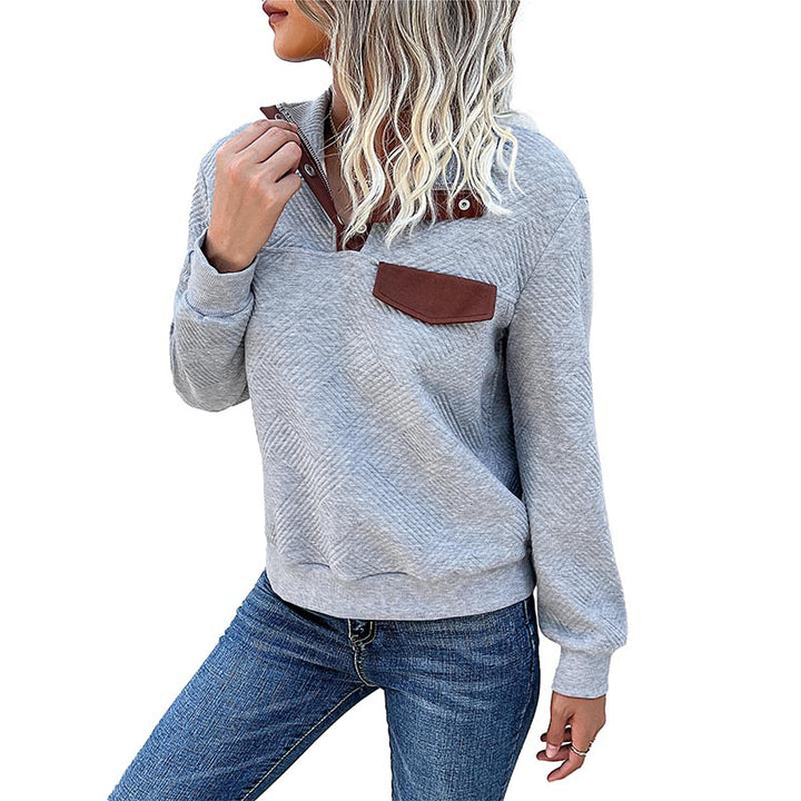 Women Structured Sweatshirt with Stand-up Collar, Snap Button Placket and Chest Flap Mune Fashion