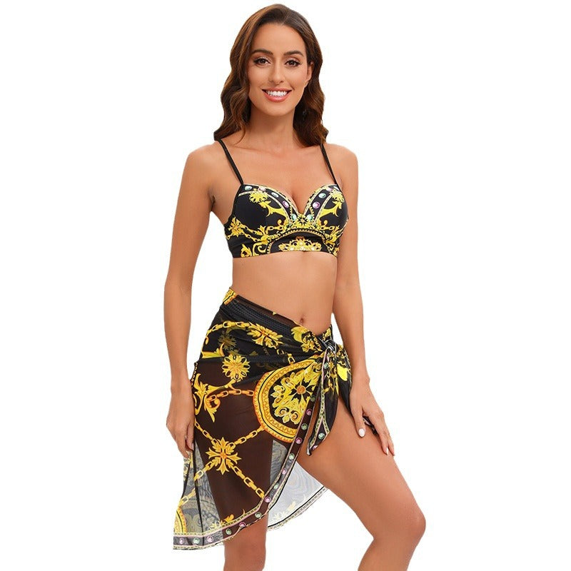 Women's bikini set with elegant pattern mix and transparent beach tunic Mune Fashion
