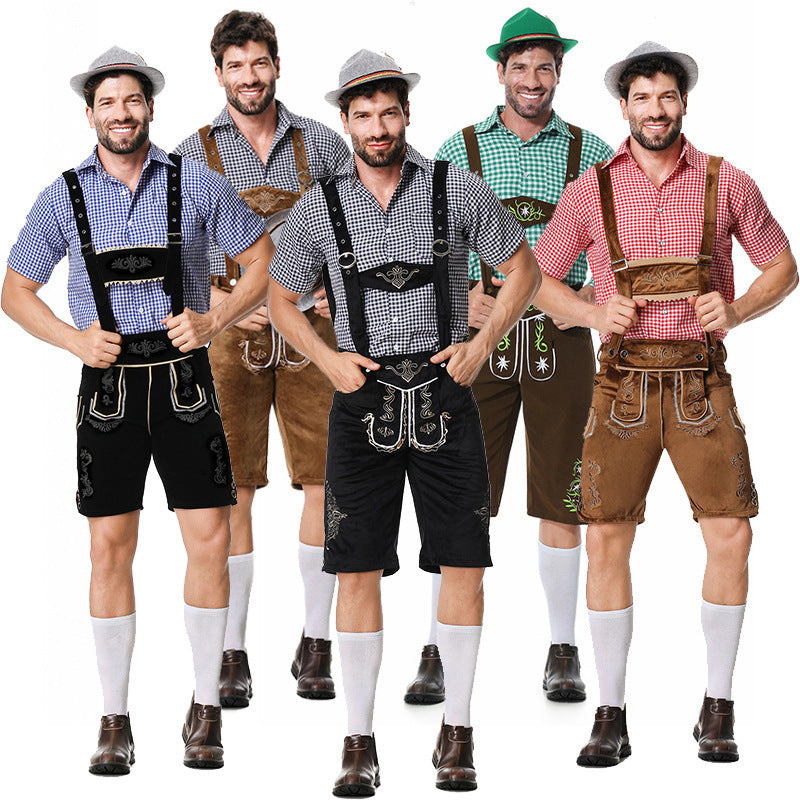 Men's traditional leather trousers with embroidered suspenders, checked traditional shirt, and felt hat Mune Fashion