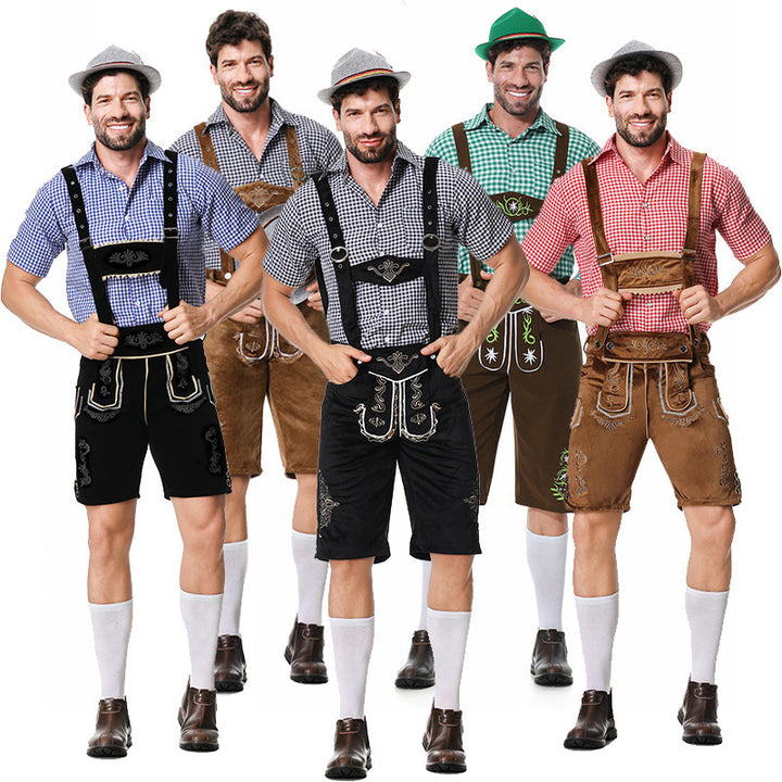 Men's traditional leather trousers with embroidered suspenders, checked traditional shirt, and felt hat Mune Fashion