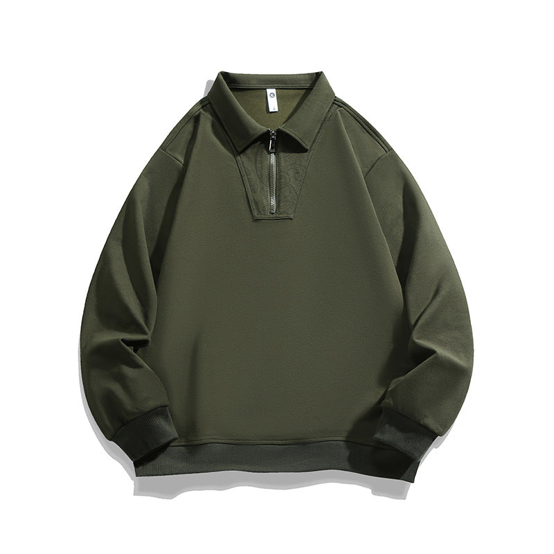 Men's Loose Sweatshirt with Polo Collar, Half Zipper and Paisley Trimming Mune Fashion