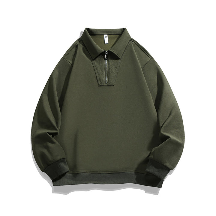 Men's Loose Sweatshirt with Polo Collar, Half Zipper and Paisley Trimming Mune Fashion