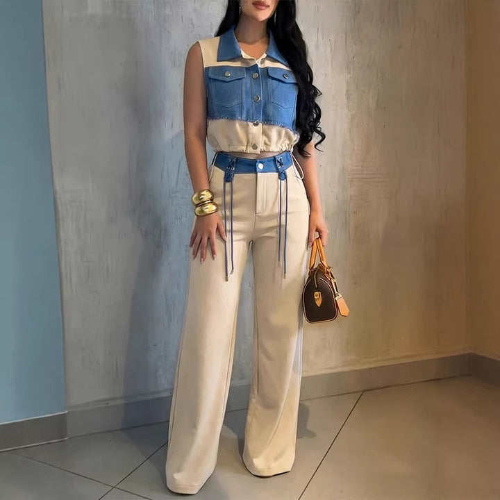 Women Two-Piece Set with Sleeveless Denim Crop Top and High-Waisted Wide-Leg Pants Drune