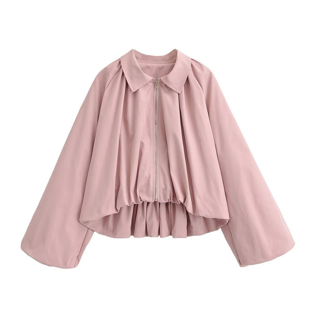 Ladies Elegant Cropped Jacket with Wide Batwing Sleeves, Zipper and Gathered Hem Mune Fashion