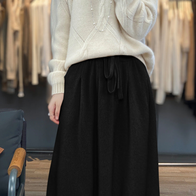Women Mid-Length Cashmere-Look Knit Skirt with Pleats and Drawstring Mune Fashion