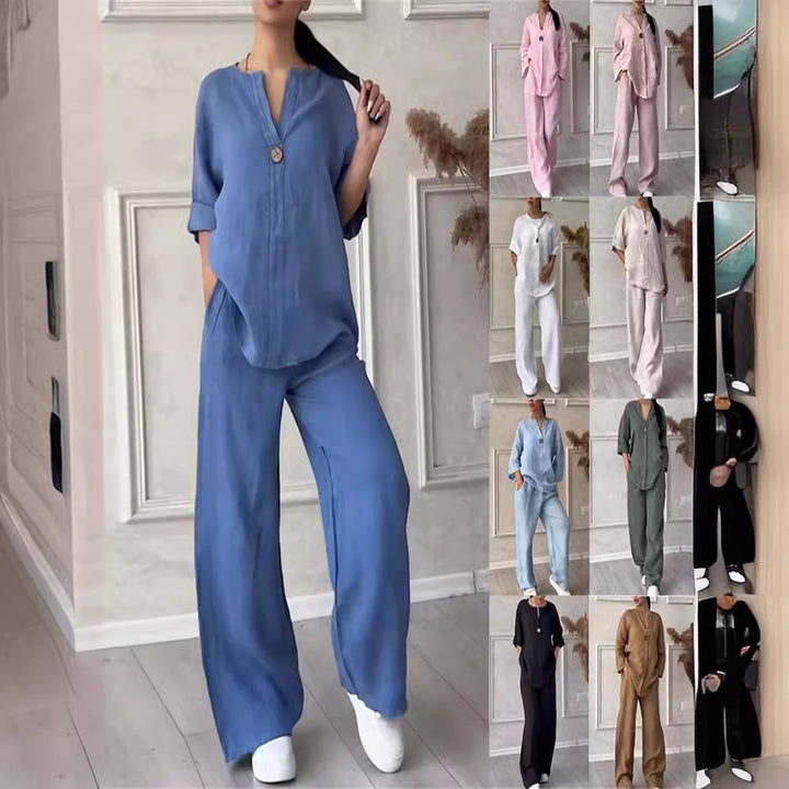 Women's casual linen relax set with wide pants and shirt blouse Mune Fashion