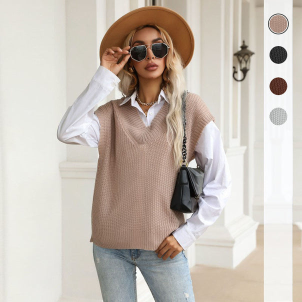 Women's Chunky Knit Oversized Vest with Deep V-Neck and Ribbed Hem Mune Fashion