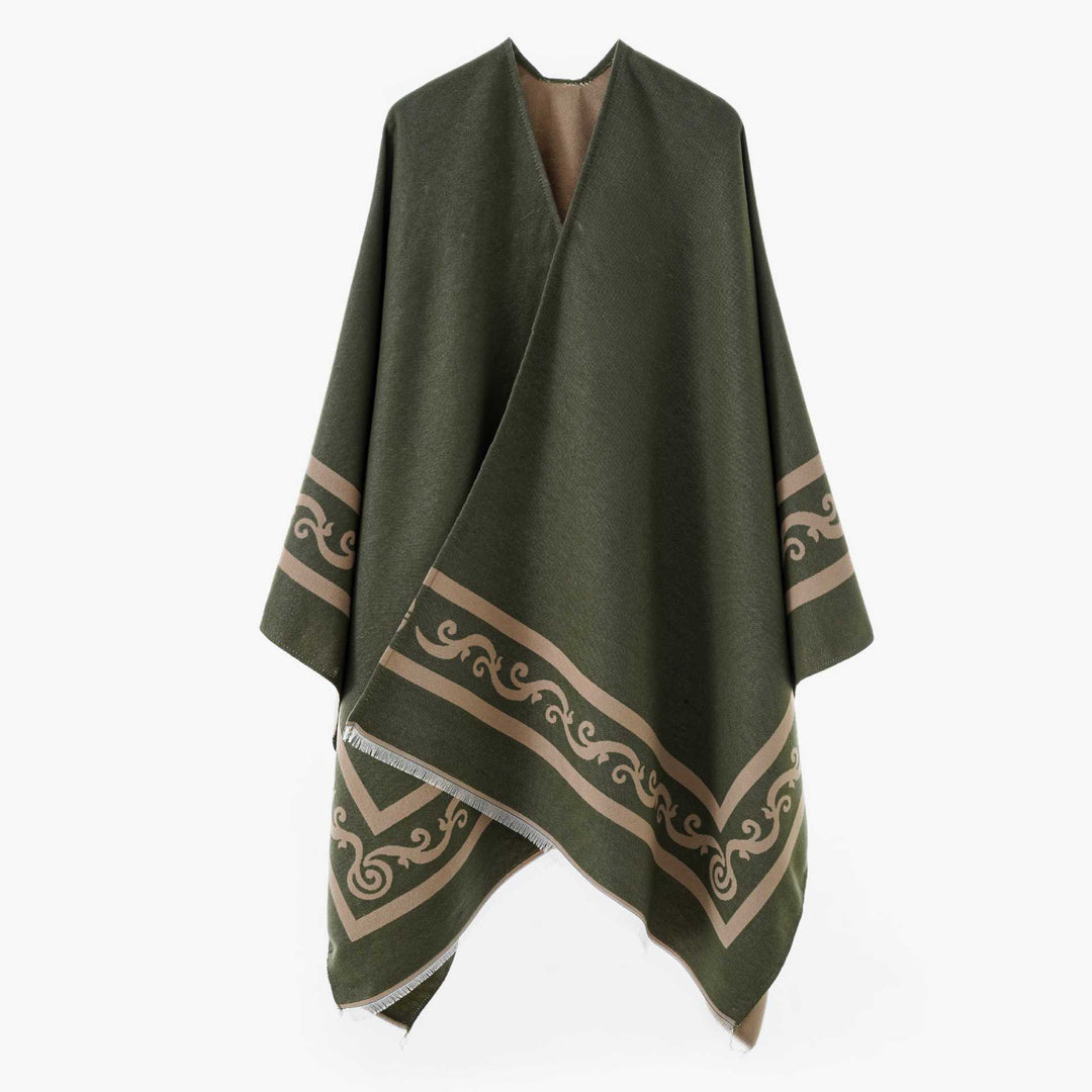Women's Oversize Cape with Geometric Jacquard and Fringe Hem Mune Fashion