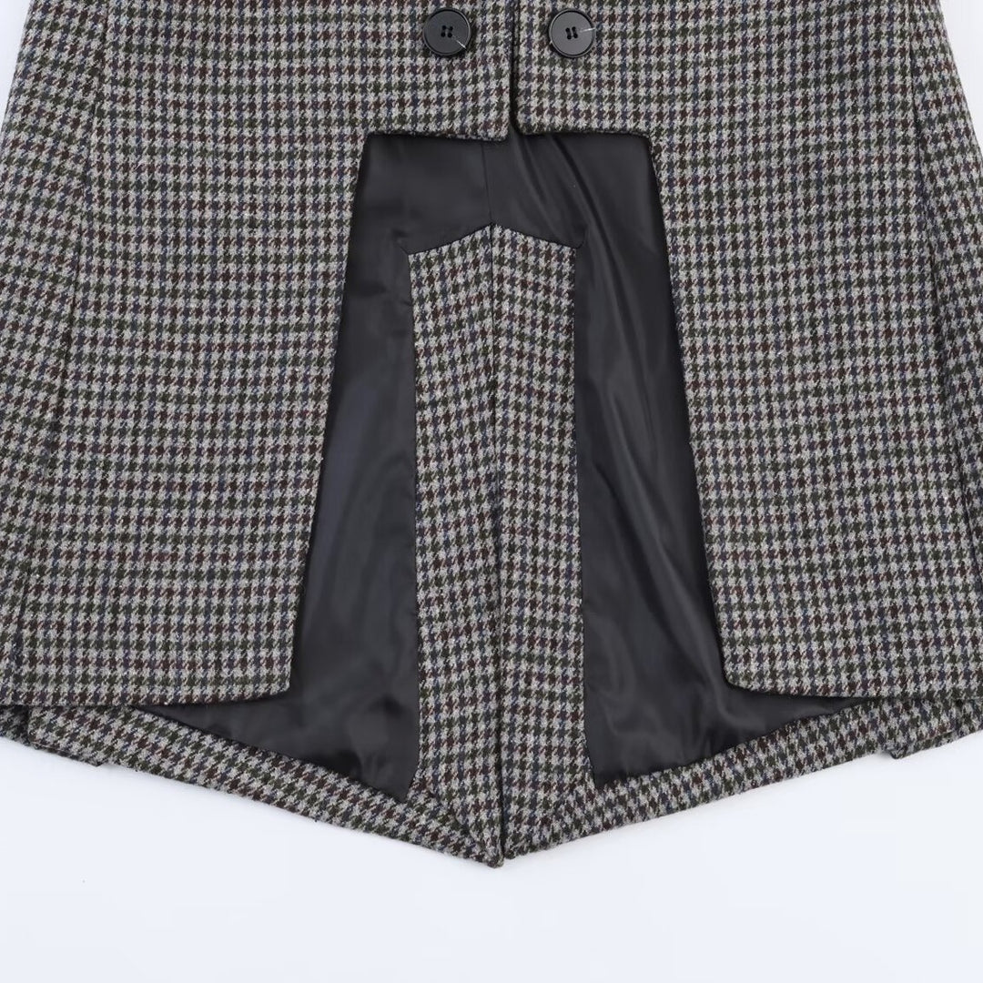 Women Double-breasted Houndstooth Blazer with Cutaway Hem and Vent Mune Fashion