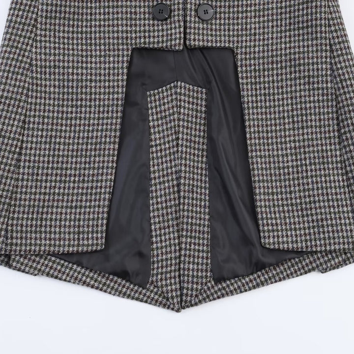 Women Double-breasted Houndstooth Blazer with Cutaway Hem and Vent Mune Fashion
