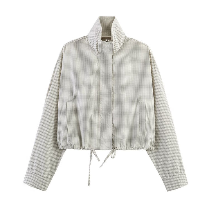 Women's Cropped Windbreaker with Stand-Up Collar, Checkered Pattern and Drawstring Mune Fashion
