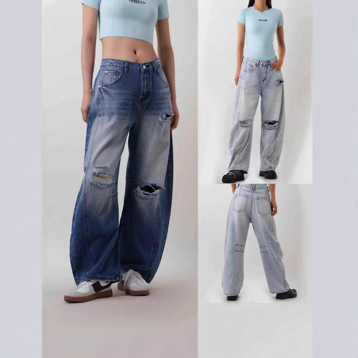 Women nan Baggy Jeans with high waistband, visible seam panels and distressed knee areas Mune Fashion