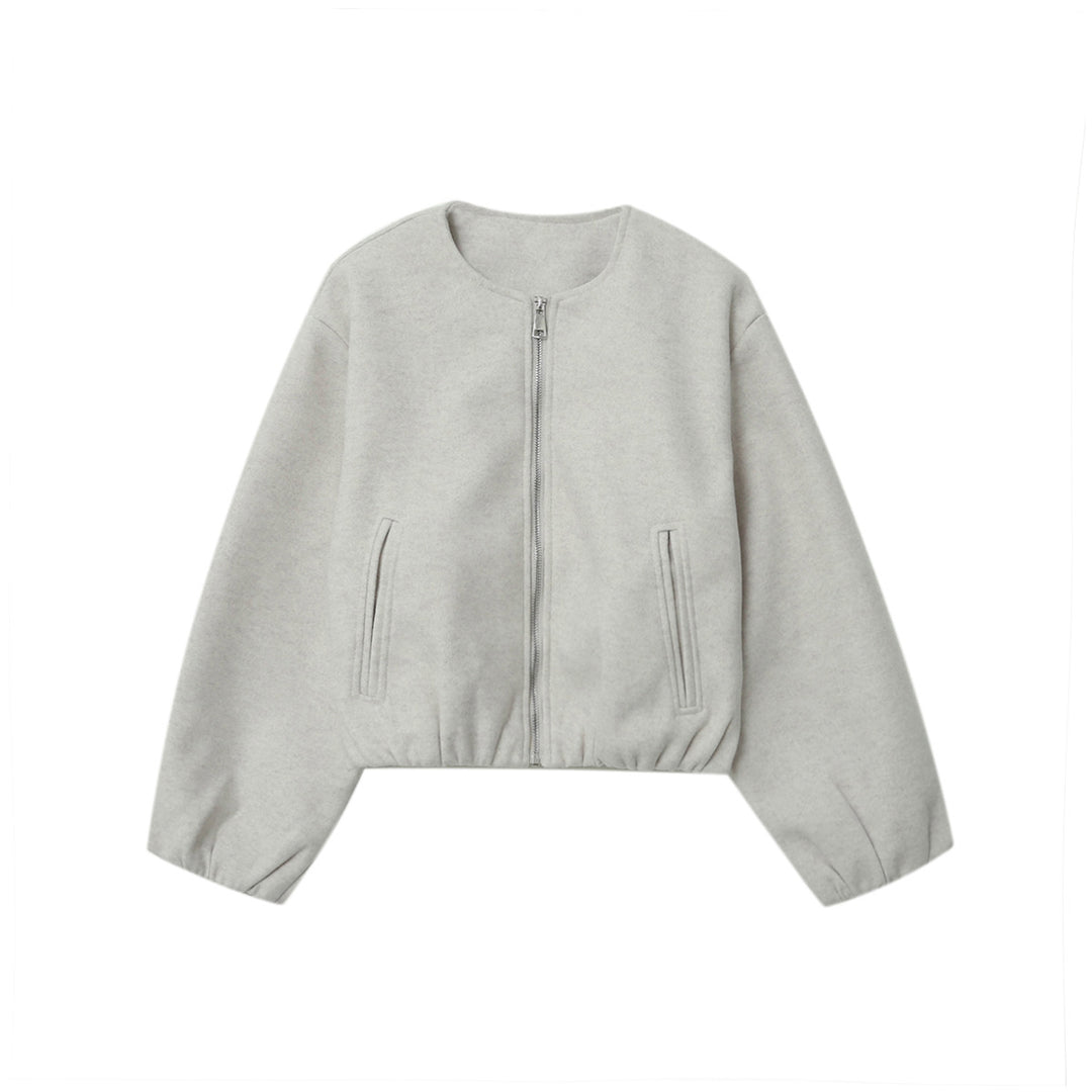 Women's short-cut wool look cropped jacket with round neck, full zip, elastic hem, and subtle side pockets Mune Fashion