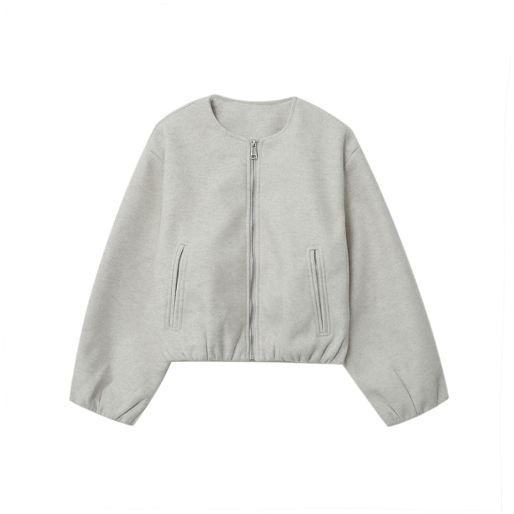 Women's short-cut wool look cropped jacket with round neck, full zip, elastic hem, and subtle side pockets Mune Fashion