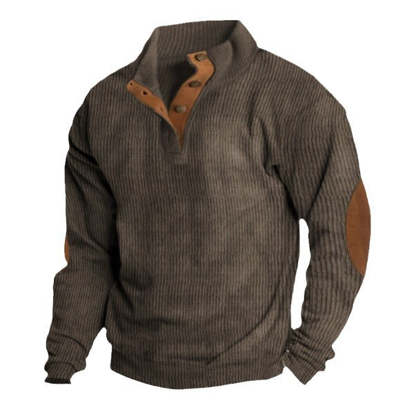 Men's robust ribbed sweater with stand-up collar, button placket, and leather elbow patches Mune Fashion