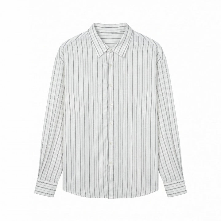 Men's Long-Sleeved Relaxed-Fit Pinstripe Shirt made of Linen-Cotton Blend with Kent Collar Mune Fashion