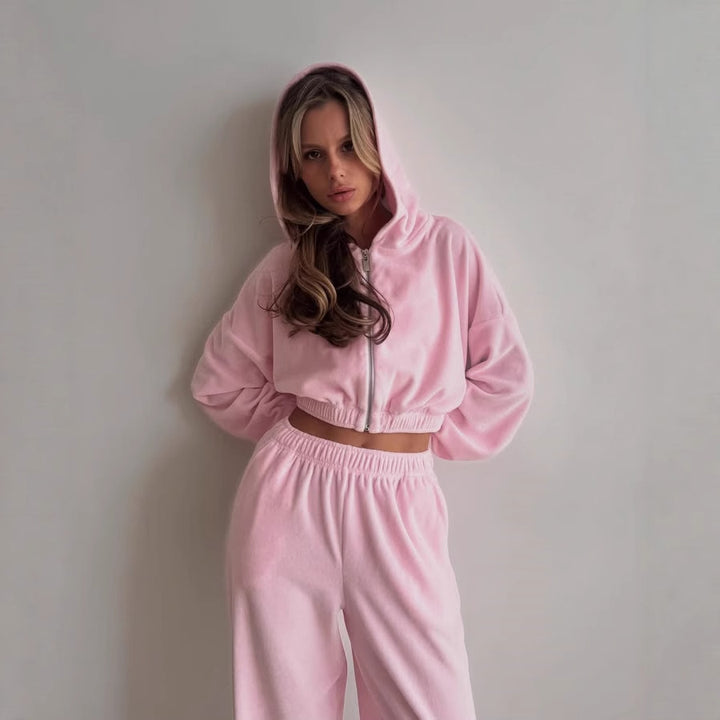 Ladies Nano Velvet Loungewear Two-Piece with Short Front Zip, Elastic Comfort Waistband, and Wide Trouser Leg Mune Fashion