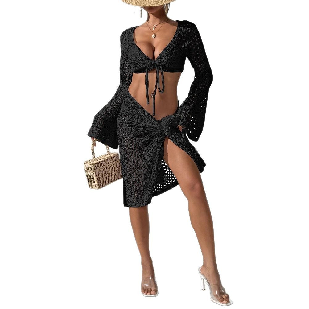 Ladies crocheted beach cover-up with elegant flared sleeves Mune Fashion
