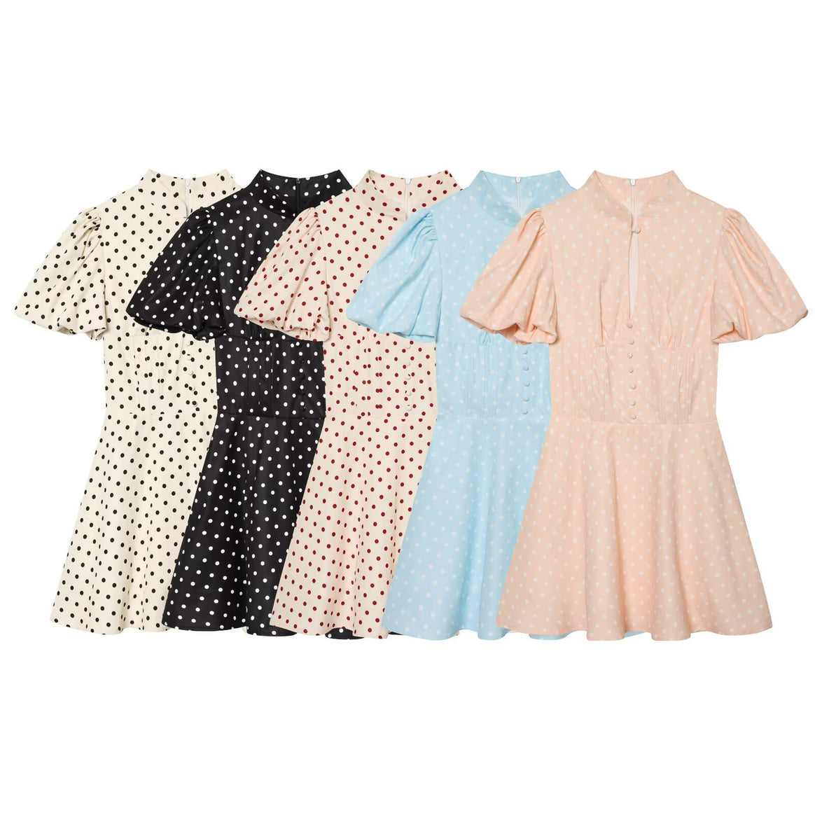 Women's Polka Dot A-Line Dress with Stand Collar, Tailoring and Balloon Sleeves Mune Fashion