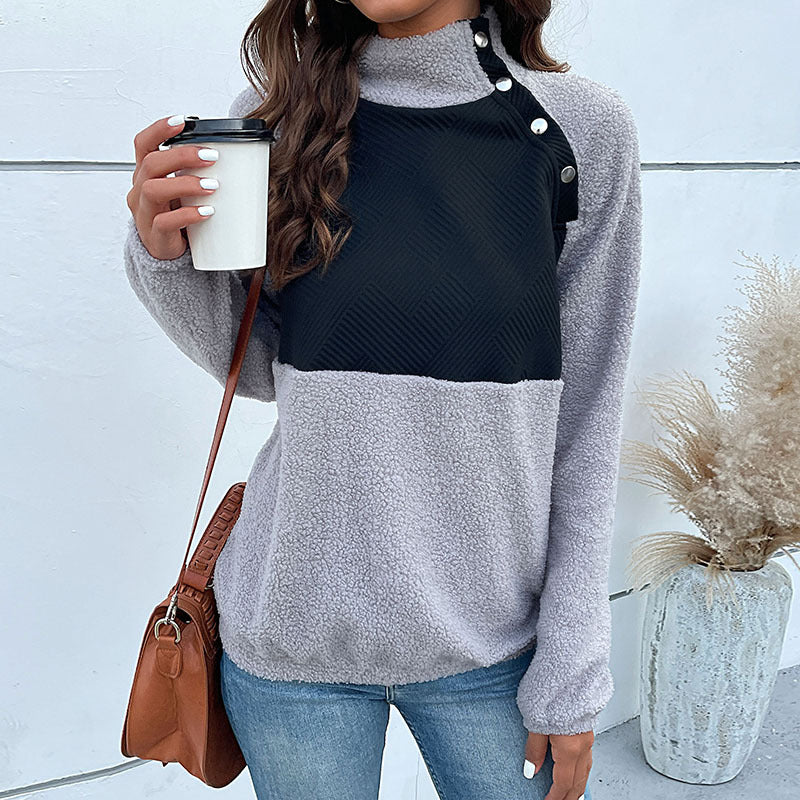Women's Cozy Teddy Fleece Pullover with Stand-Up Collar and Snap Button Placket Mune Fashion