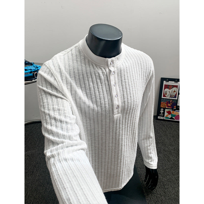 Men's fine knit henley with stand-up collar, ribbed texture and button placket Mune Fashion