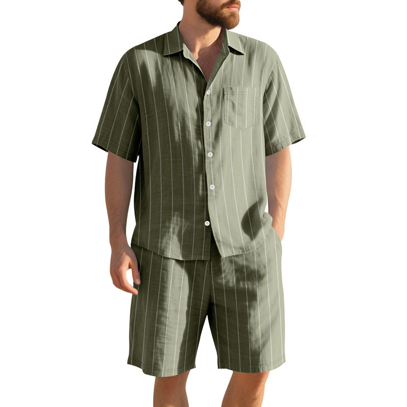 Men's Short Sleeve Pajama Set with Subtle Striped Pattern and Practical Chest Pocket Mune Fashion