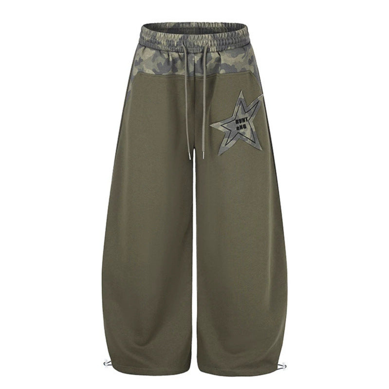 Women's Extra Wide Culotte Sweatpants with Camouflage Waistband and Star Patch Mune Fashion