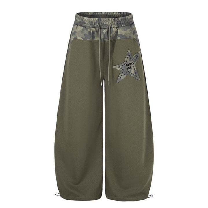 Women's Extra Wide Culotte Sweatpants with Camouflage Waistband and Star Patch Mune Fashion