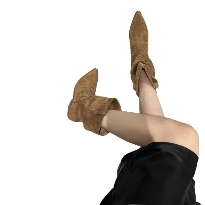Women's Slouch Cowboy Boots with Pointed Toe and Sculpted Kitten Heel Mune Fashion