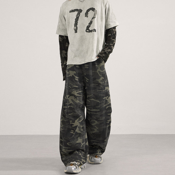Men's Loose Camouflage Baggy Pants with Low Waistline and Knee Patch Pockets Mune Fashion