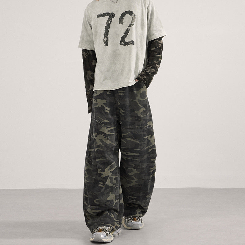 Men's Loose Camouflage Baggy Pants with Low Waistline and Knee Patch Pockets Mune Fashion