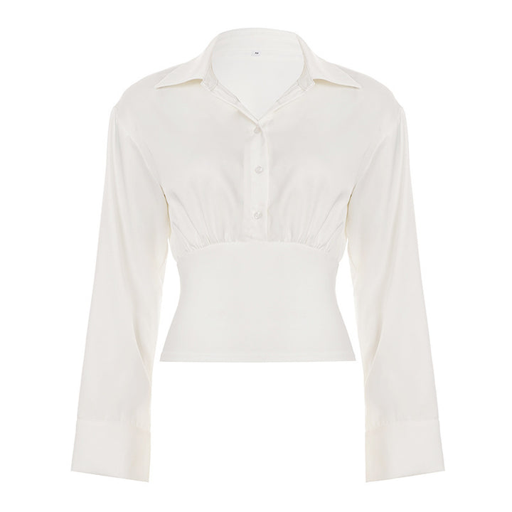 Women's Short Cut Shirt Blouse with Fitted Ribbed Cuff, Gathered Bust and Shirt Collar Mune Fashion