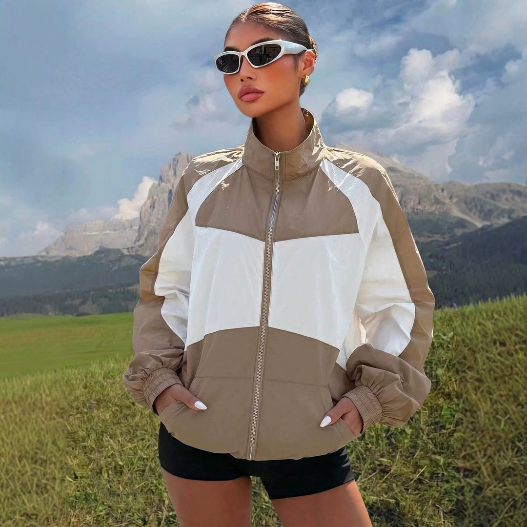 Women’s Lightweight Windbreaker Jacket with High Stand Collar and Colorblock Design Mune Fashion
