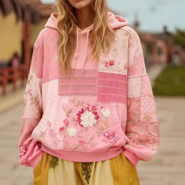 Women's Embroidered Patchwork Hoodie with Flower Applique and Kangaroo Pocket Mune Fashion