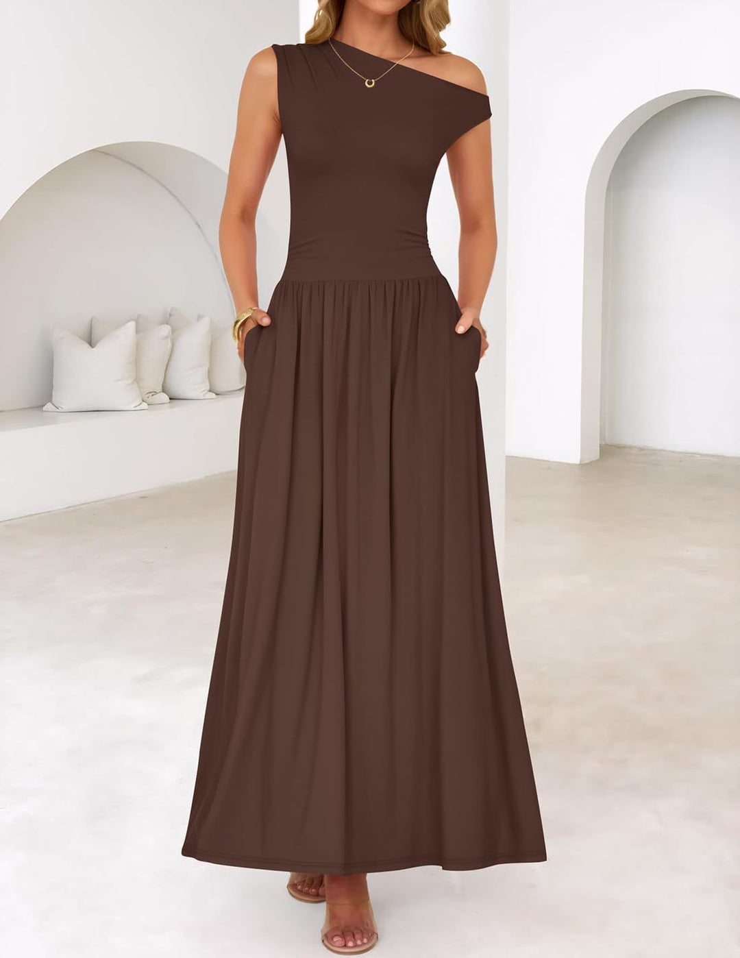 Women Asymmetrical Maxi Dress with One-Shoulder, Waist Emphasis and Side Pockets Mune Fashion