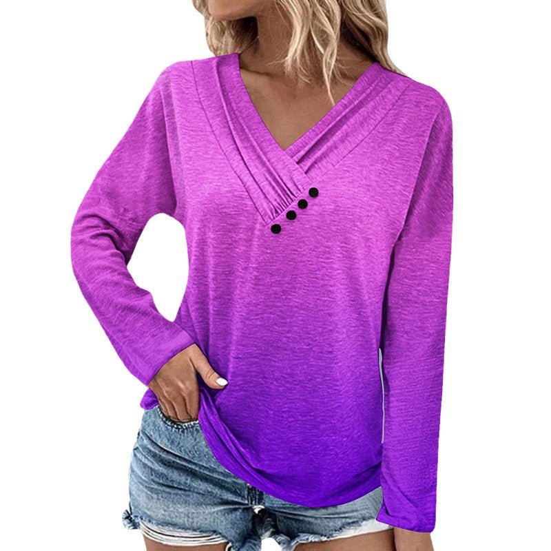 Women's Long Sleeve Ombre Viscose Shirt with V-Neck, Pleating and Decorative Buttons Mune Fashion